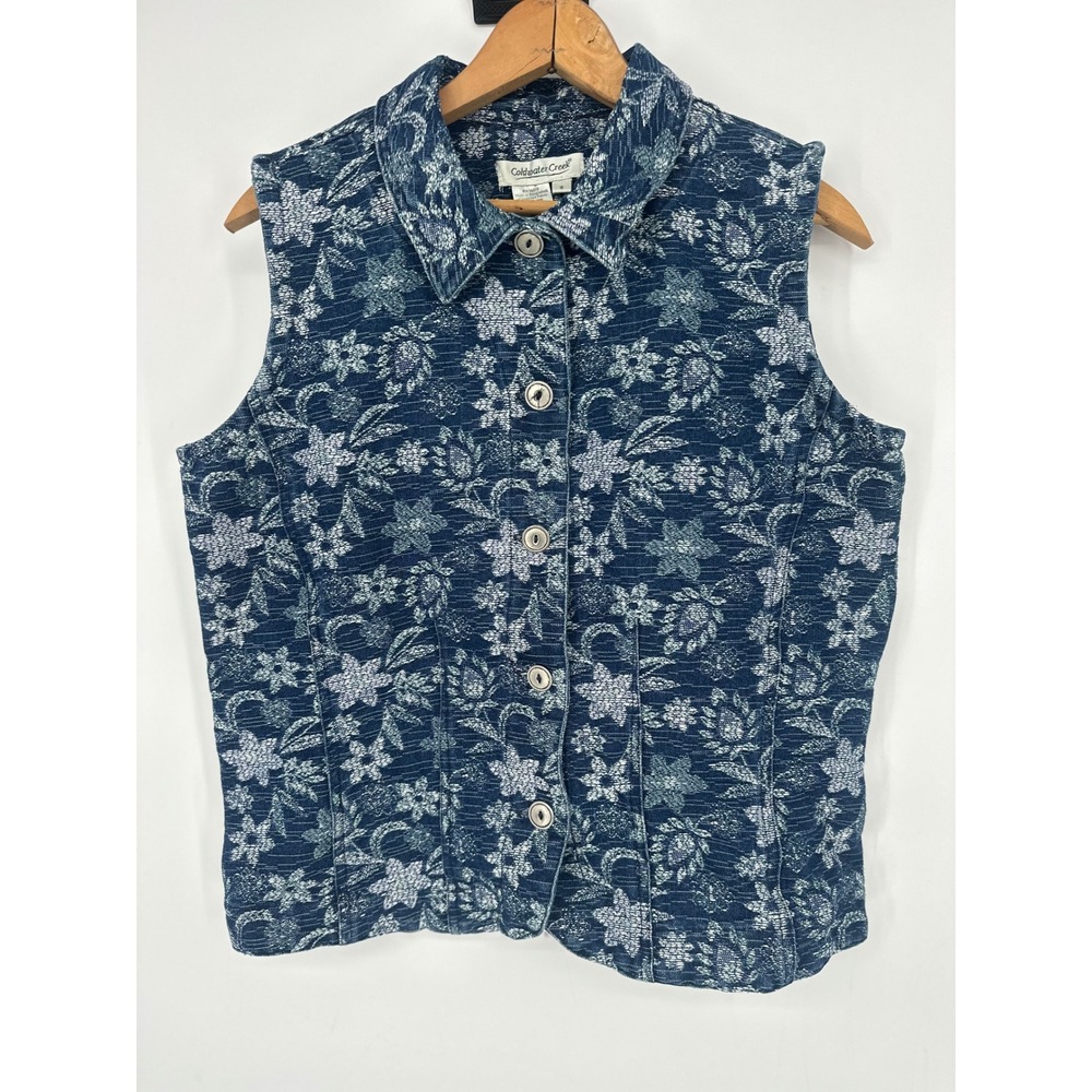 Coldwater Creek Vest Womens S Blue Floral Button Y2K Tapestry Vest Boho Jacquard